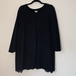J Jill Ponte Knit Tunic Top Women XL Black Lace 3/4 Sleeves Lagenlook Minimalist